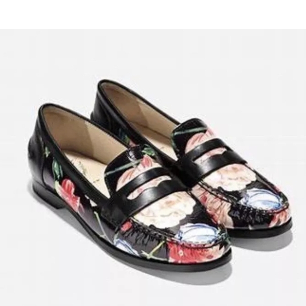 Cole Haan Orange and Black Wedge Shoes with Floral Design